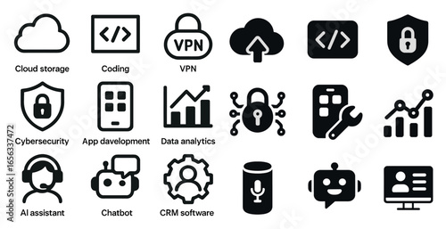 Cybersecurity and iot icons set – solid, filled, data security, technology symbols