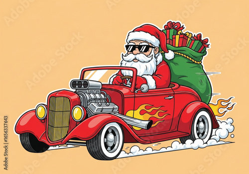 Santa Claus Drives a Hot Rod Filled with Gifts. EPS
