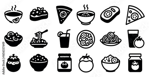 Food and beverage solid icons set – filled, dining, culinary symbols collection
