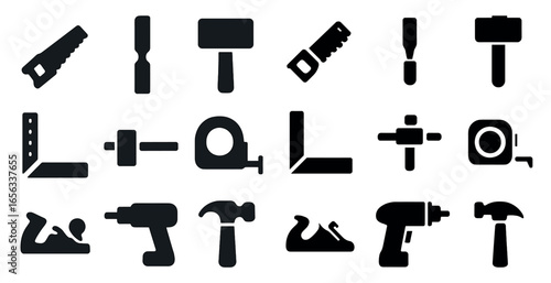 Woodworking tools solid icons set – filled, carpentry and construction symbols