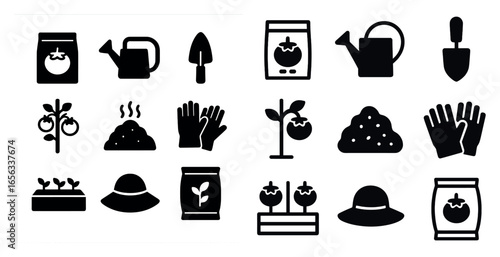 Gardening solid icons set – silhouette, filled, plant and cultivation symbols