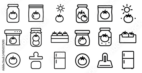 Vegetable canning outline icons set – linear, line, food and preservation symbols