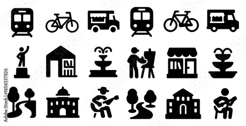 City life silhouette icons set – solid, urban, transportation, and landmark symbols