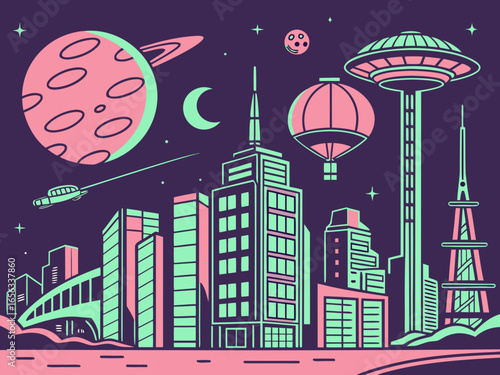 A retrofuturistic landscape with alien planets, towering buildings, and serene rivers, blending science fiction with vintage charm