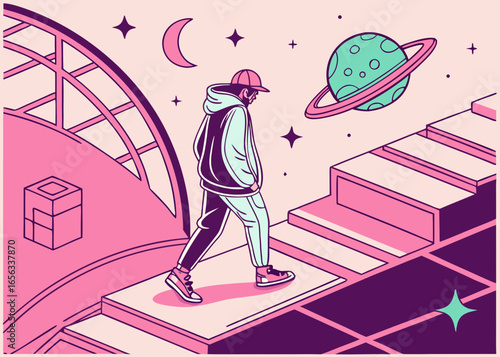 A stylish man walking up stairs towards a planet and moon in a dreamy urban space scene with stars and modern architecture
