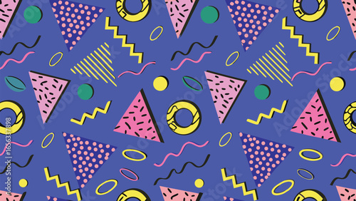 Colorful geometric pattern with triangles circles and zigzags on a blue background design style of the eighties