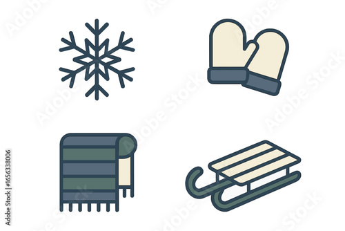 Winter Icons: Snowflake, Mittens, Scarf, and Sled