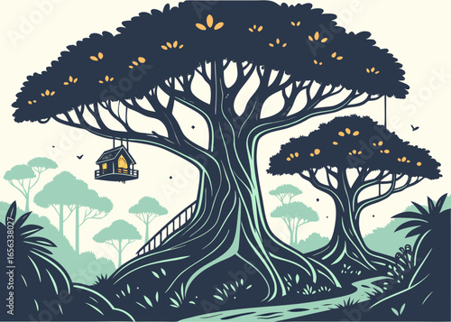 Whimsical treehouse nestled in a giant tree with a bridge in a stylized vector illustration of a natural and architectural marvel