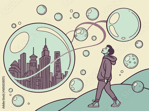 A contemplative man gazing at a cityscape within bubbles, blending urban reality with a dreamy, imaginative perspective on the future