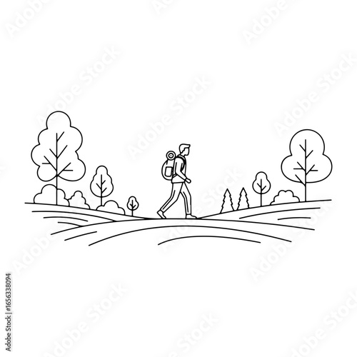 Image of a traveler walking on a winding path; ideal for travel blogs, banners, posters, or graphical elements.