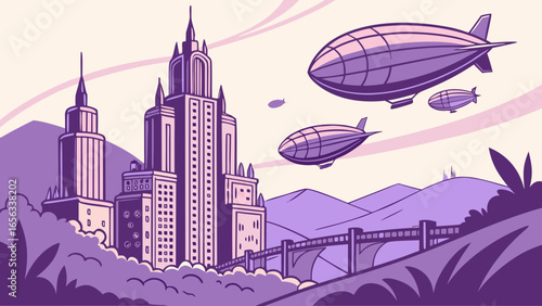 A vintagestyle illustration of a city with airships flying above, featuring tall buildings, a bridge, and mountains in the background, retro art