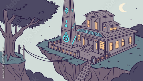 Fantasy house on a cliff with a tower and a tree under the moon at night, a cartoon illustration of a magical landscape scene