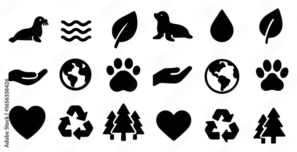 Obraz premium Environmental awareness silhouette icons set – nature, conservation, eco-friendly symbols