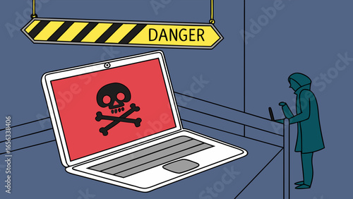 Laptop with Danger Sign and Skull Icon Showing Virus Threat.