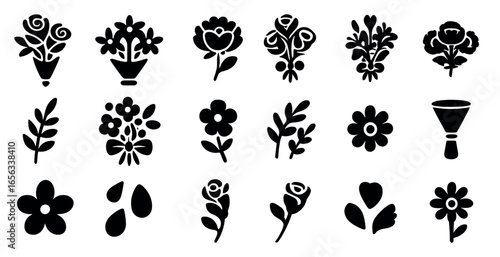 Floral and garden silhouette icons set – outline, filled, botanical and nature symbols