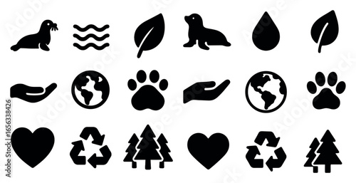 Environmental awareness silhouette icons set – nature, conservation, eco-friendly symbols