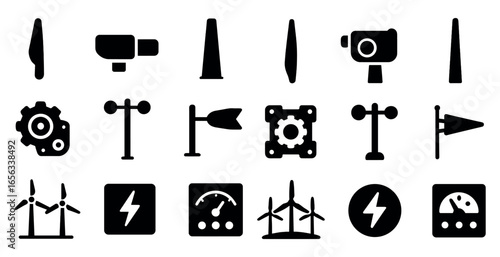 Wind energy solid icons set – filled, renewable power and turbine symbols