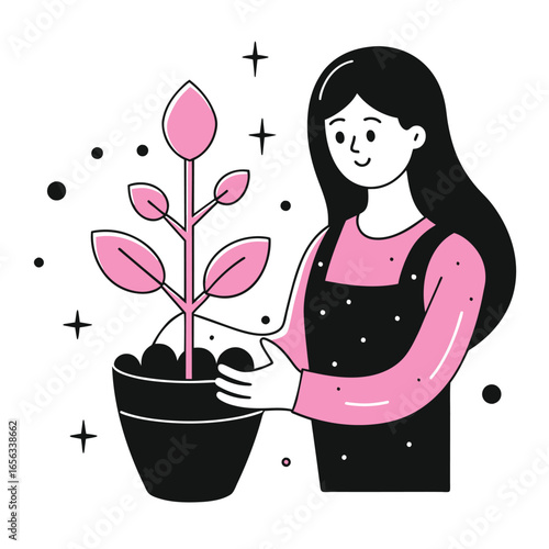 Young woman in apron tending a small plant in a pot. Smiling female gardener holding plant pot against white background. Female hobbyist gardener at home -