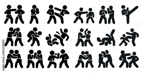 Martial arts silhouette icons set – combat, fighting, self-defense symbols