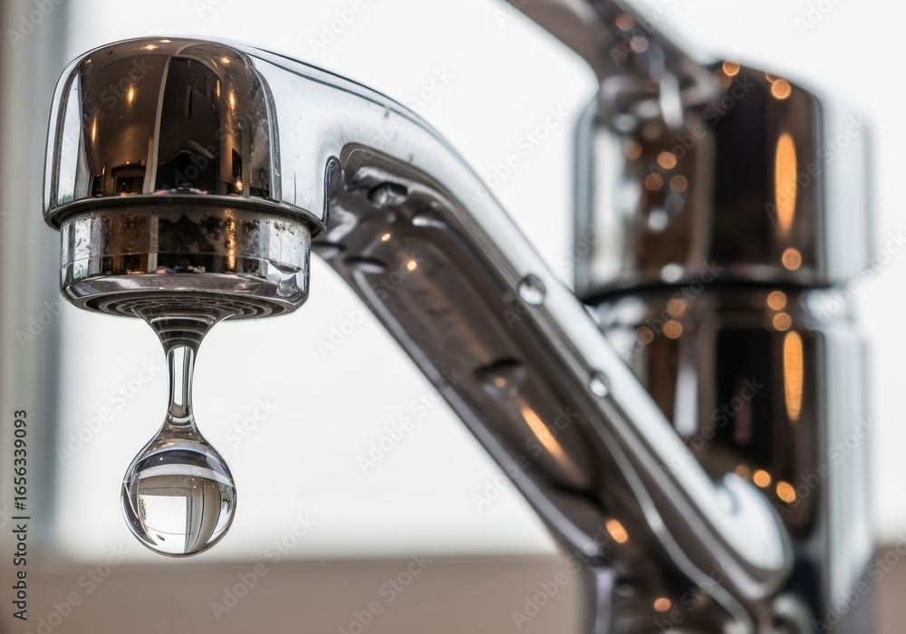 Fototapeta premium A close-up of a shiny, chrome faucet with a water droplet suspended from it. The droplet reflects the surroundings