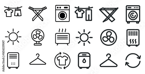 Laundry and household line icons set – flat, outline, home and cleaning symbols