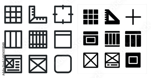 Wireframe and grid outline icons set – ui, ux, wireframing design elements
