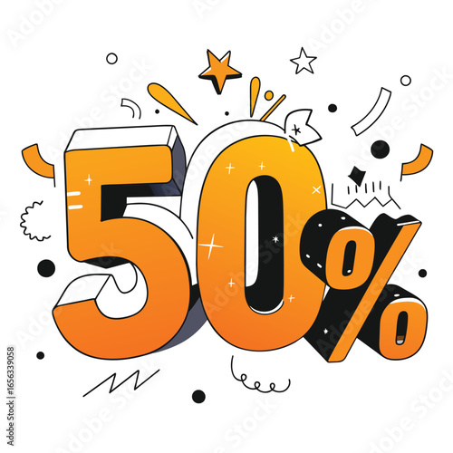 50% off promotion graphic with abstract design elements
