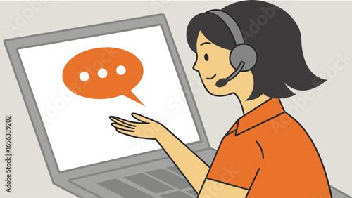 Friendly Female Customer Service Representative with Headset and Laptop.