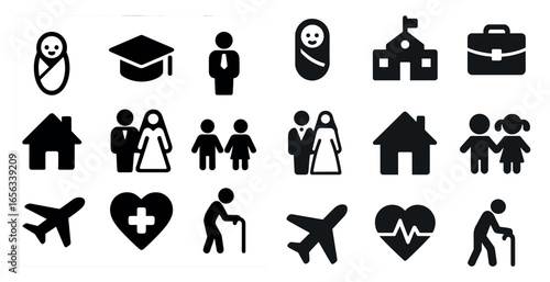Family and education silhouette icons set – simple, solid, child and learning symbols