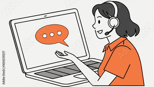 Friendly Female Customer Service Representative with Headset using Laptop.