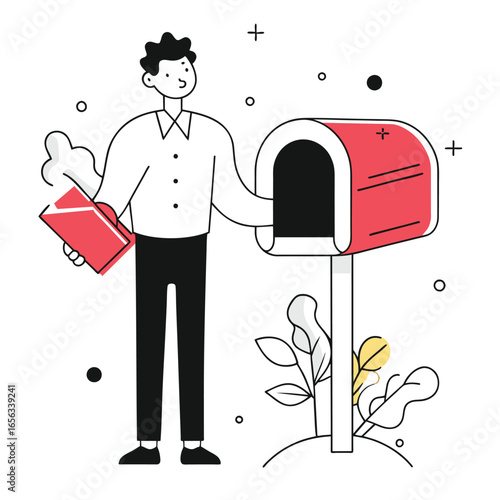 Young adult male in a white button-up shirt and dark pants, placing a red item into a red mailbox outdoors. Professional individual checking mail at home.