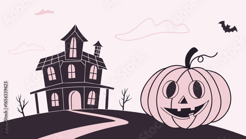 Pastel Pink Halloween Illustration: Haunted House, Jack-o'-Lantern, and Bat Silhouette