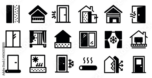 Home and interior solid icons set – house, doors, window design elements