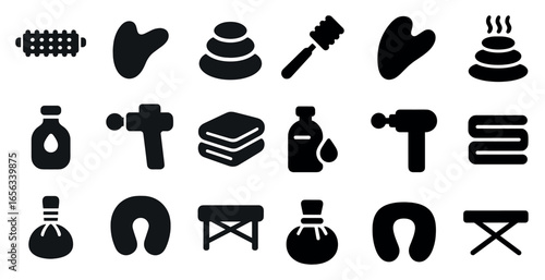Massage therapy solid icons set – spa, relaxation, wellness symbols