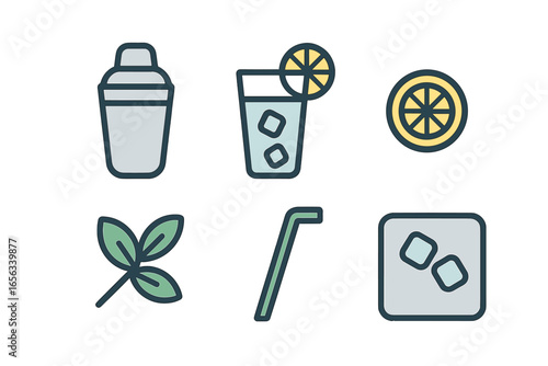 Cocktail ingredients and bar tools flat icons