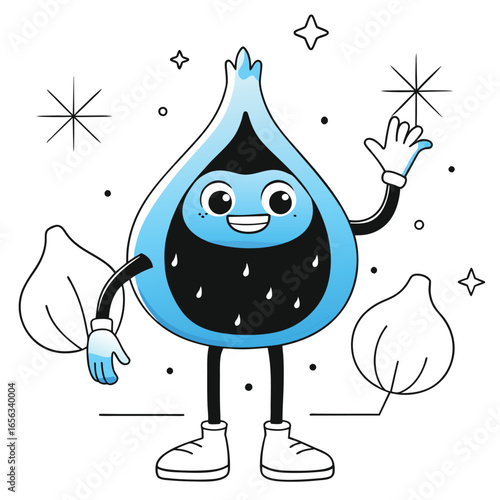 Cute cartoon fig character in blue attire waving with a white object in hand. Friendly and cheerful pose against a speckled white background.