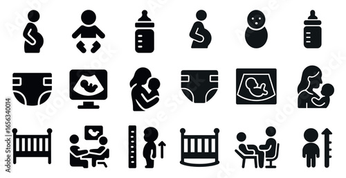Pregnancy and motherhood solid icons set – filled, baby, maternity symbols