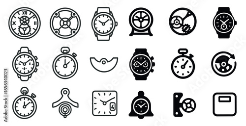 Timepiece and clock outline icons set – silhouette, linear, watch, and timer graphics