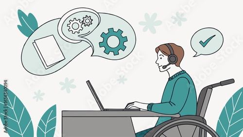 Person in Wheelchair Working on Laptop with Headset Surrounded by Thought Bubbles.
