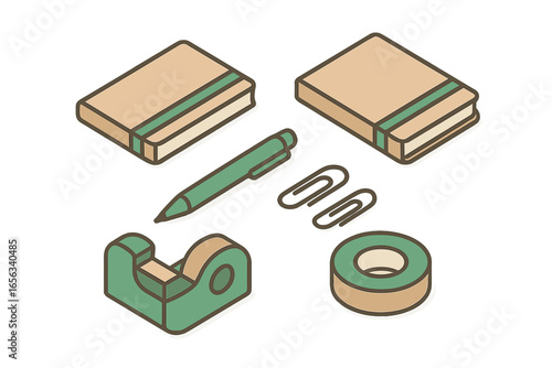 Isometric Stationery Items: Notebooks, Pen, Tape Dispenser, Paperclips