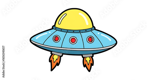 Fun cartoon-style flying saucer leaving colorful flames against a transparent background