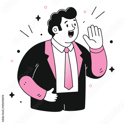 A jovial, middle-aged man in a business suit and tie, gesturing with enthusiasm in an office setting. Plus-sized businessman sharing ideas with excitement in a corporate environment.