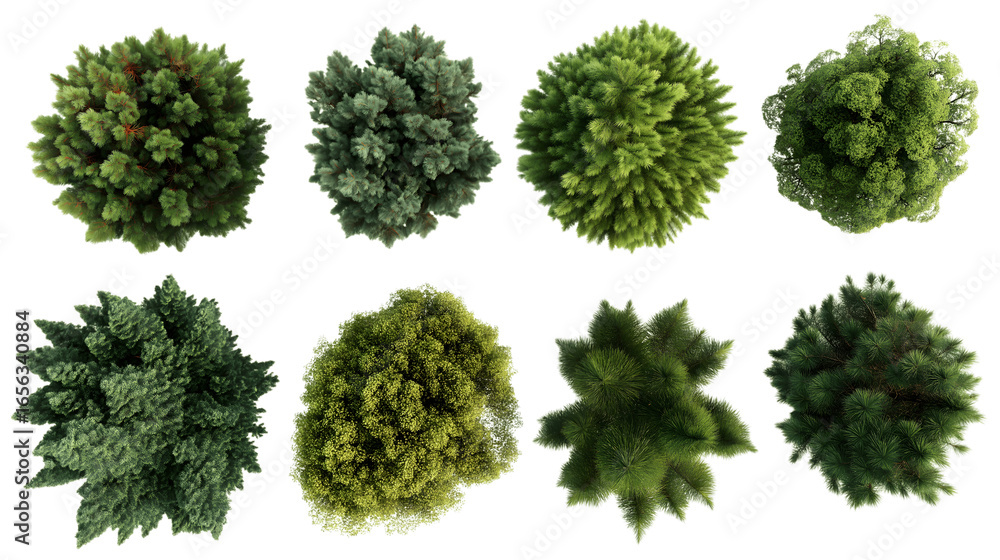 Obraz premium Top view of variety of vibrant green trees isolated on white background