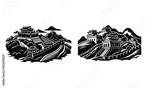 Silhouette of Great Wall of China historic architecture, famous travel destination, ancient fortification, cultural heritage symbol, black and white iconic structure illustration