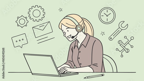 Happy Customer Service Representative Working on Laptop 1.