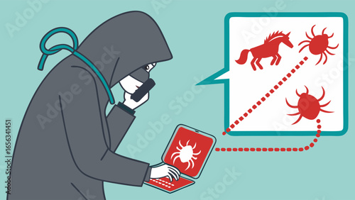 Hooded Hacker Exploiting Vulnerabilities with Trojan Horse and Bugs on Laptop.