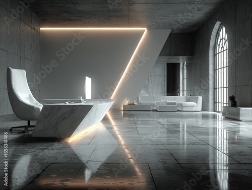Modern gray office with marble desk, curved chair, and led lighting