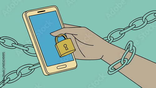 Smartphone Chained to a Hand with Padlock.