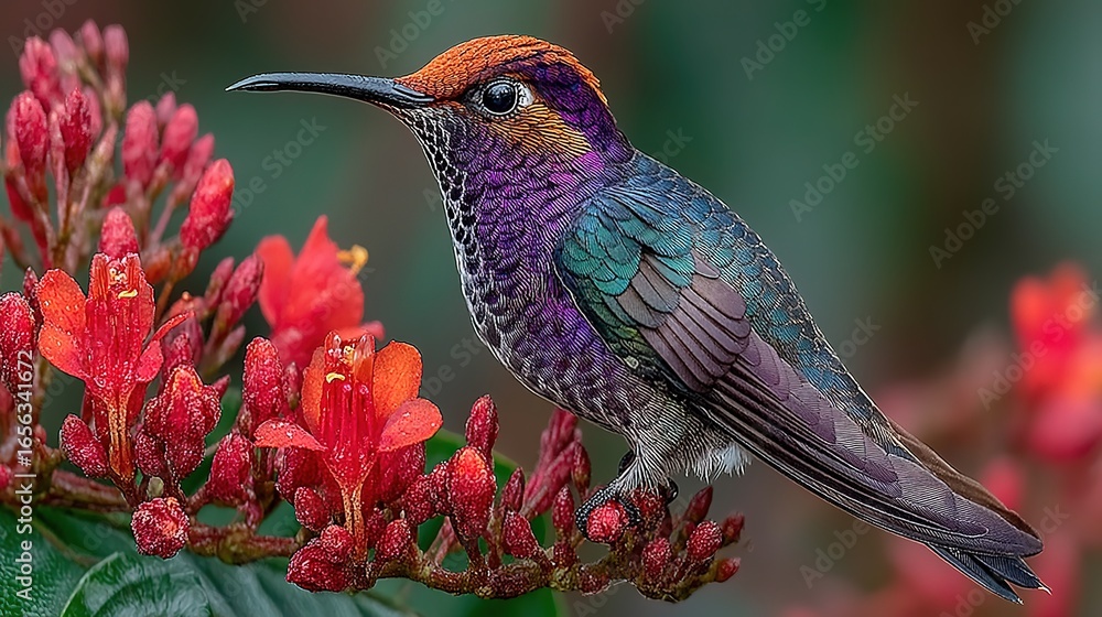 Fototapeta premium Purple Hummingbird Drinking Nectar from Red Flower in Panama Rainforest: Wildlife Scene 