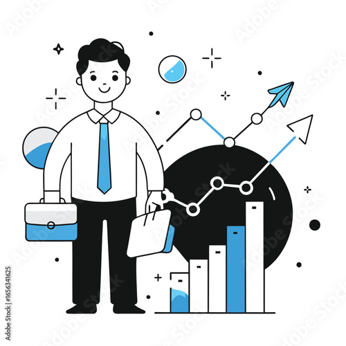 Businessman with a confident smile in formal attire carrying briefcases, standing amidst growth charts and graphs. Mid-adult male executive in a professional setting.